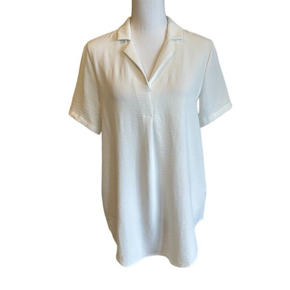 Hilary Radley Women's S Oversized White Blouse Short Sleeve V-Neck Collared Top